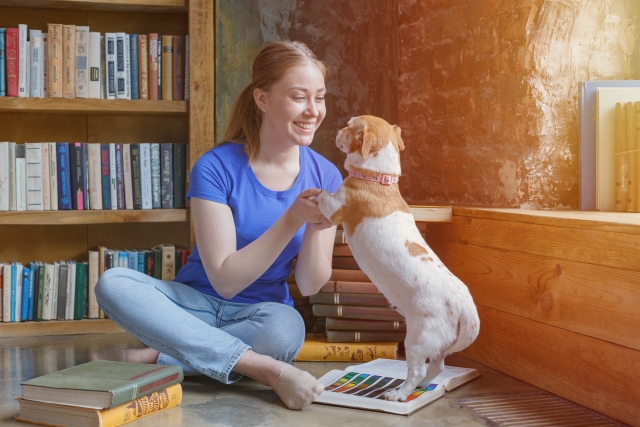 津田沼にあるペット可賃貸物件で犬と遊んでいる時の女性の画像